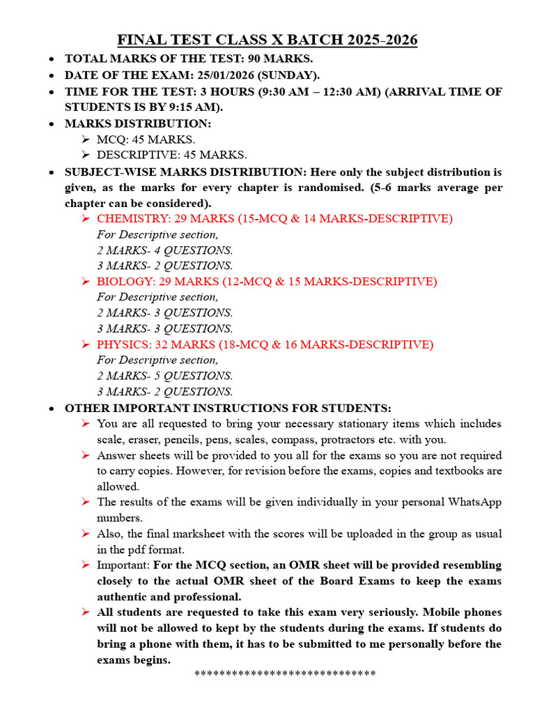 Final Test Class X Batch 2025 Instructions | PDF