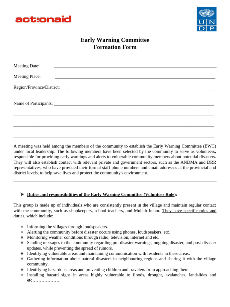 Early Warning Committee Formation Form | PDF | Weather | Natural Hazards