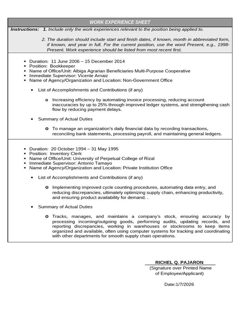 ANNEX H-2 - CS Form No. 212 Attachment - Work Experience Sheet | PDF ...
