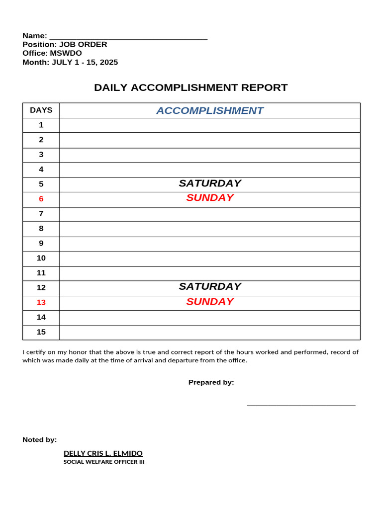 Daily Accomplishment Report Mswdo | PDF