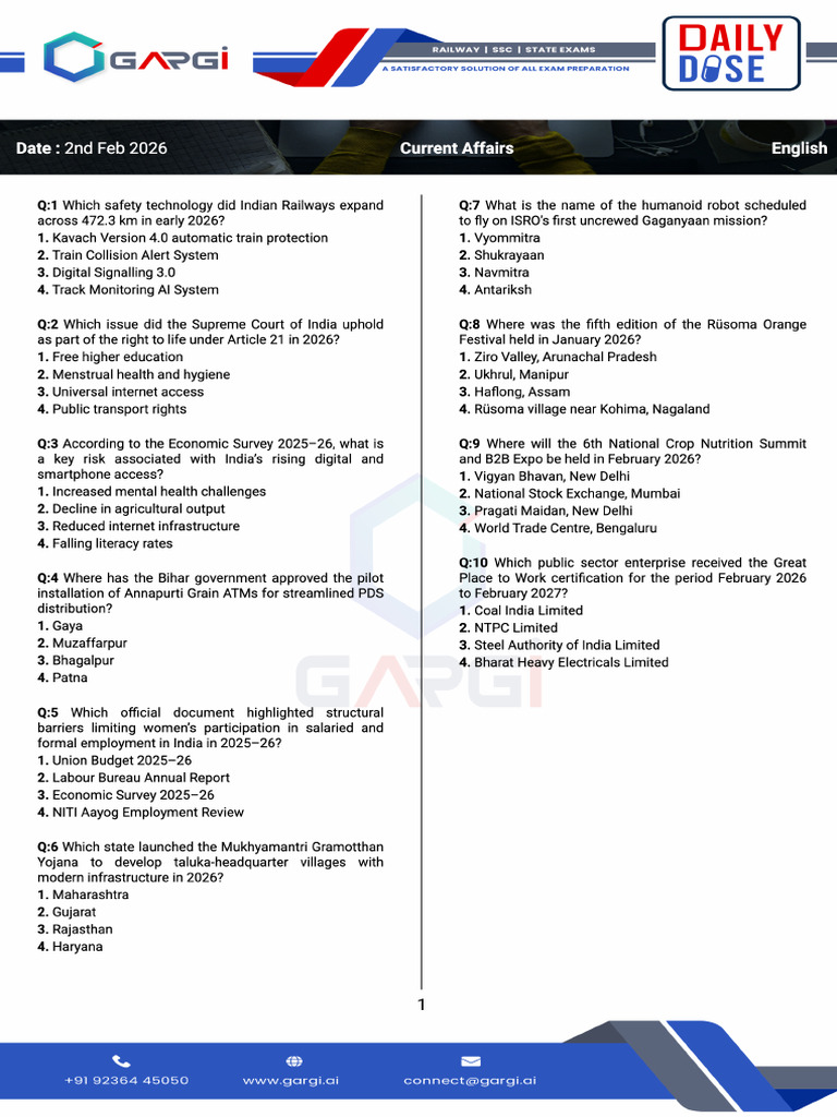 Current Affairs - English - 2nd Feb 2026 | PDF