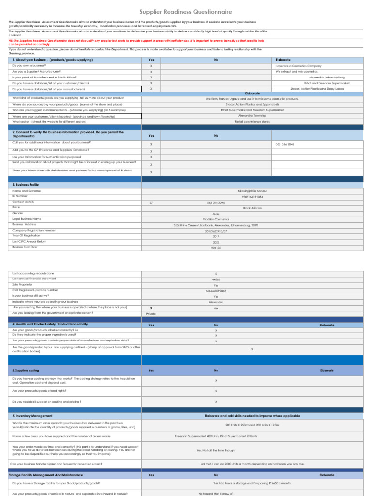Supplier Readiness Assessment Questionnaire - Proskin Cosmetics | PDF ...