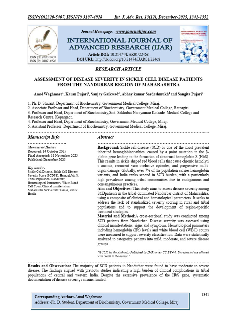 ASSESSMENT OF DISEASE SEVERITY IN SICKLE CELL DISEASE PATIENTS FROM THE ...