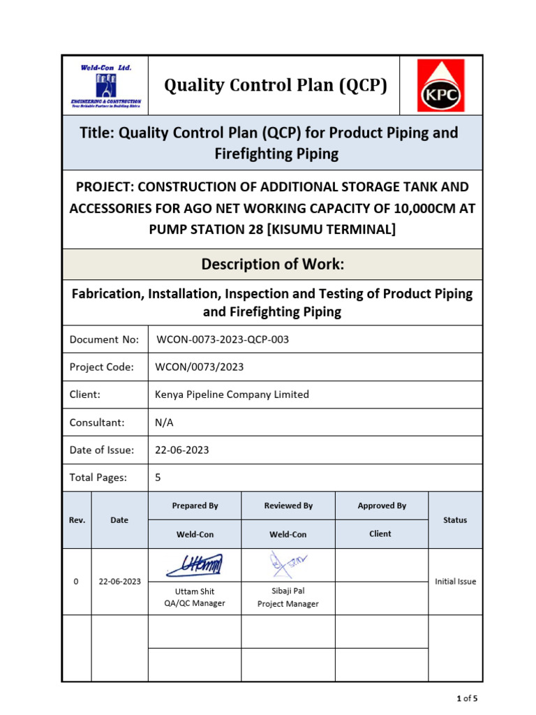Attachment #2 QCP For Product Pipeing and Firefighting Piping | PDF ...