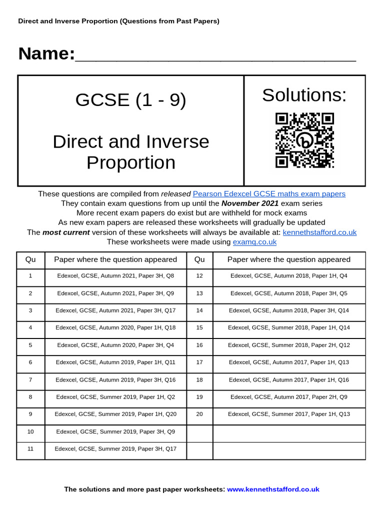 Direct and Inverse Proportion (Past Paper Questions) | PDF | Vocational ...