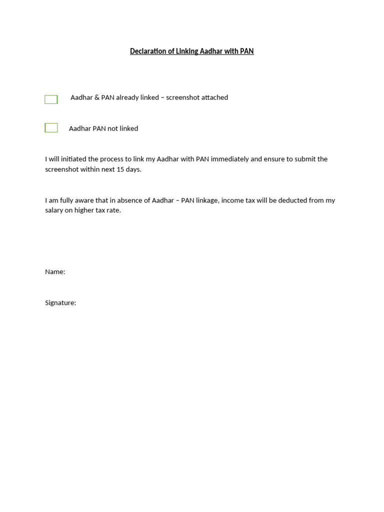 Declaration of Linking Aadhar With PAN | PDF