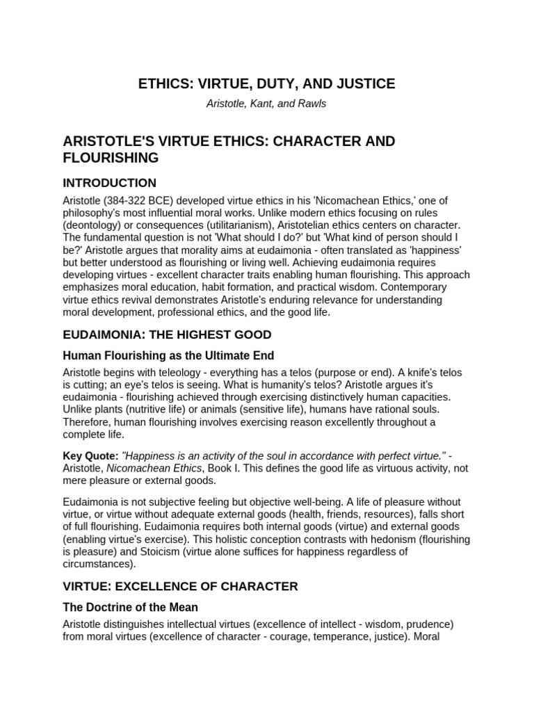 Ethics Part2 Aristotle Kant Rawls | PDF | Virtue Ethics | John Rawls