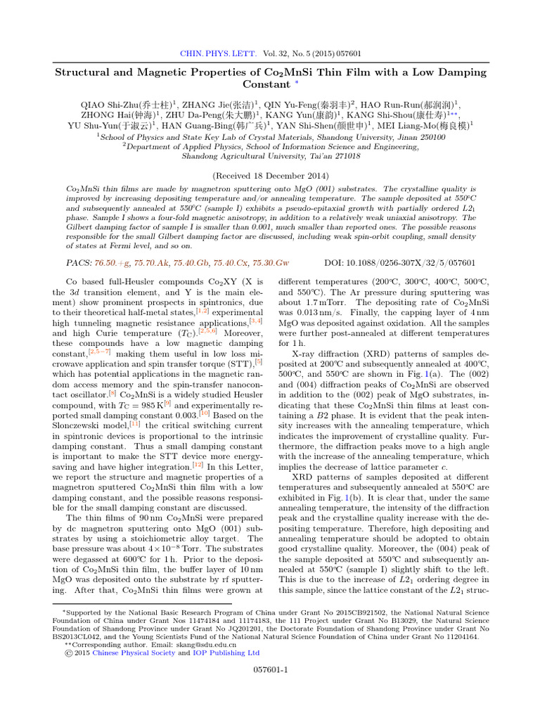 Structural and Magnetic Properties of Co2MnSi Thin Film With a Low ...