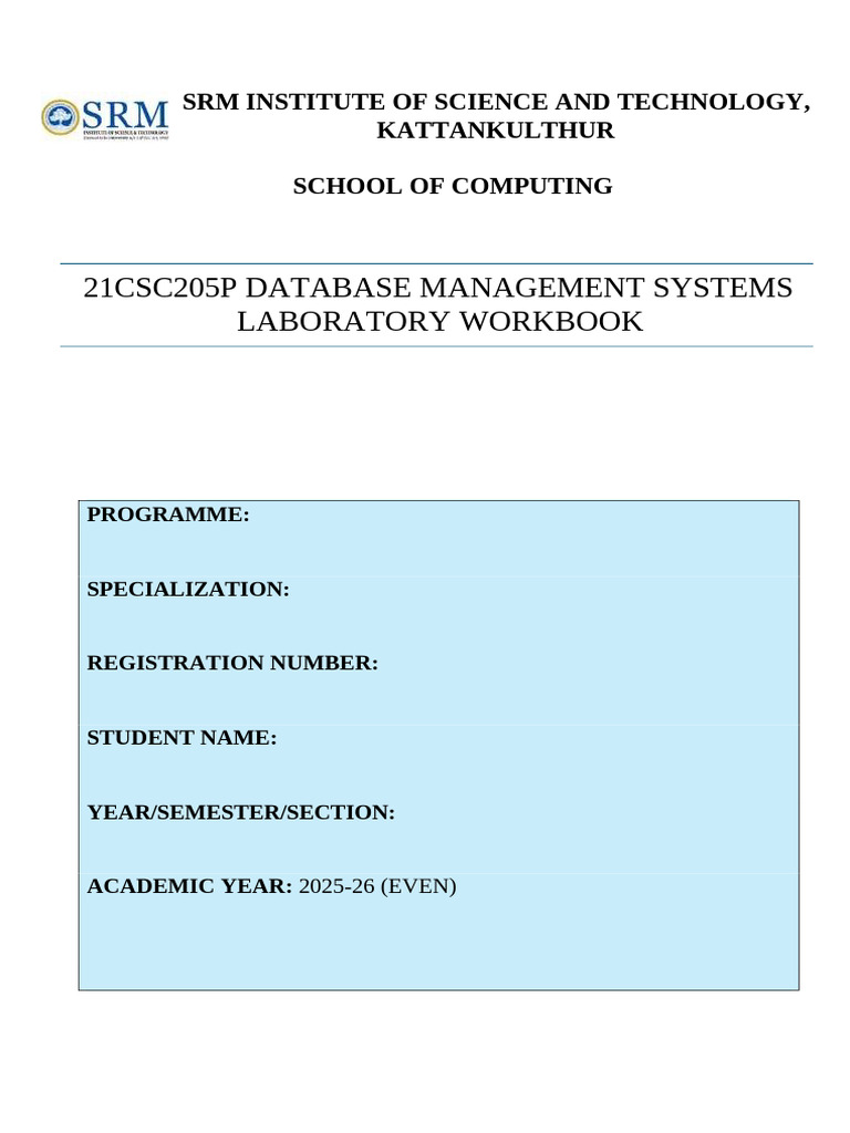 21csc205p Lab Workbook | PDF | Relational Model | Databases