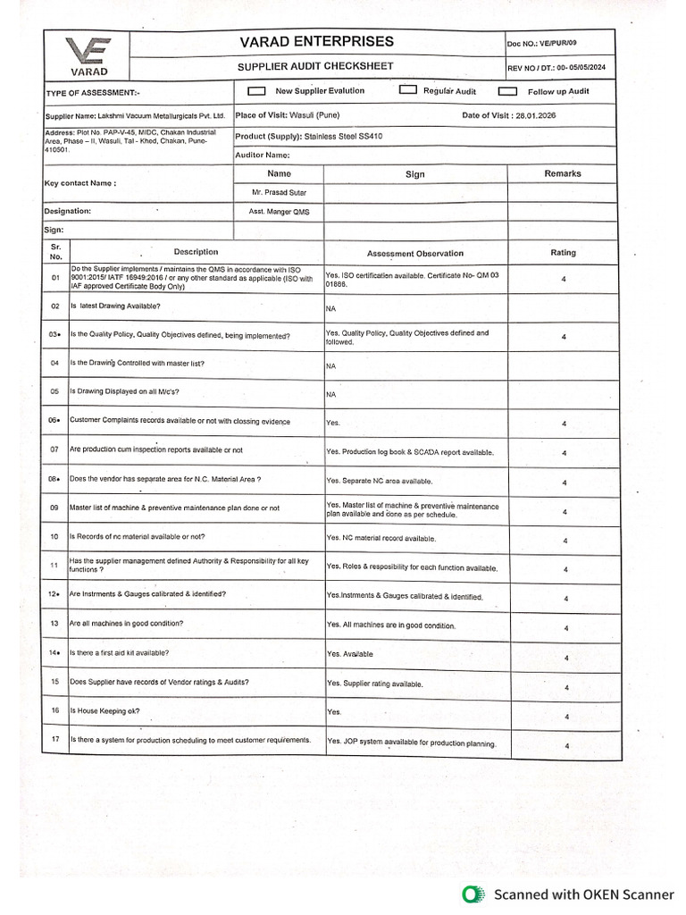 Supplier Audit Check Sheet | PDF