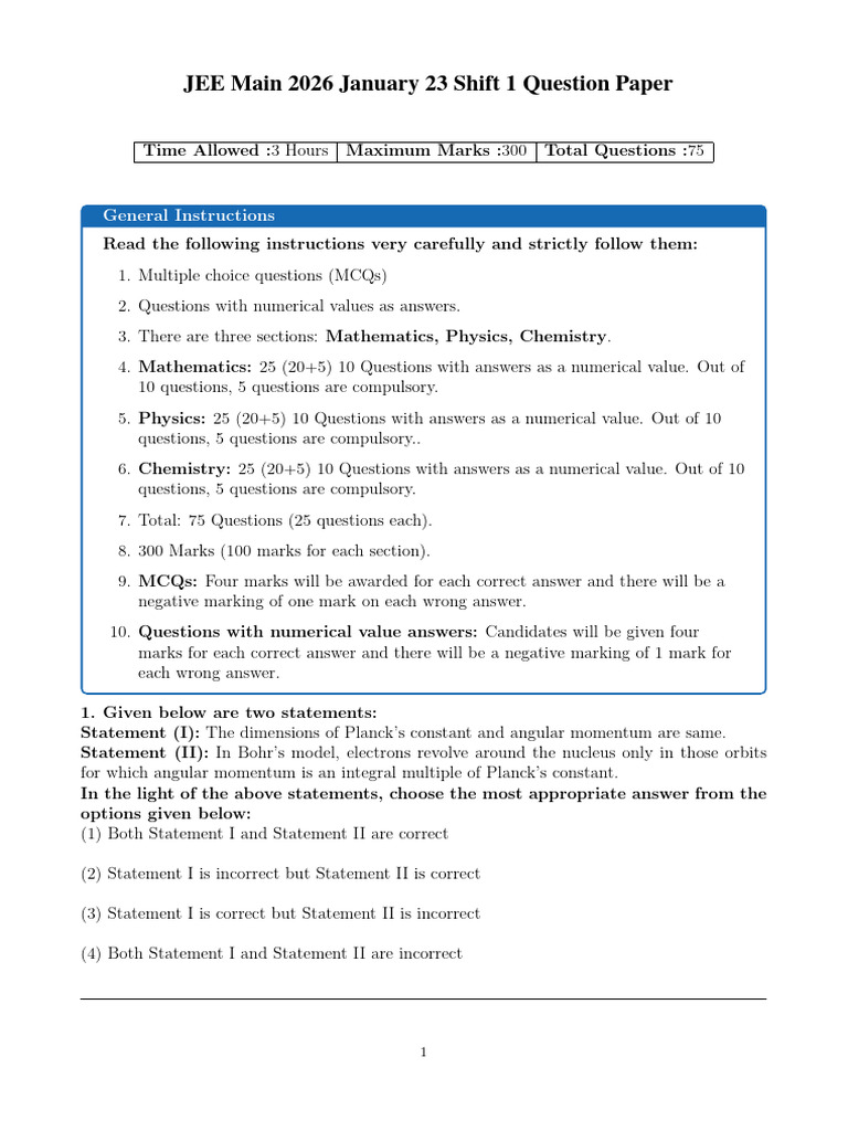 JEE Mains 2026 23 Jan Shift 1 Question Paper | PDF | Multiple Choice ...