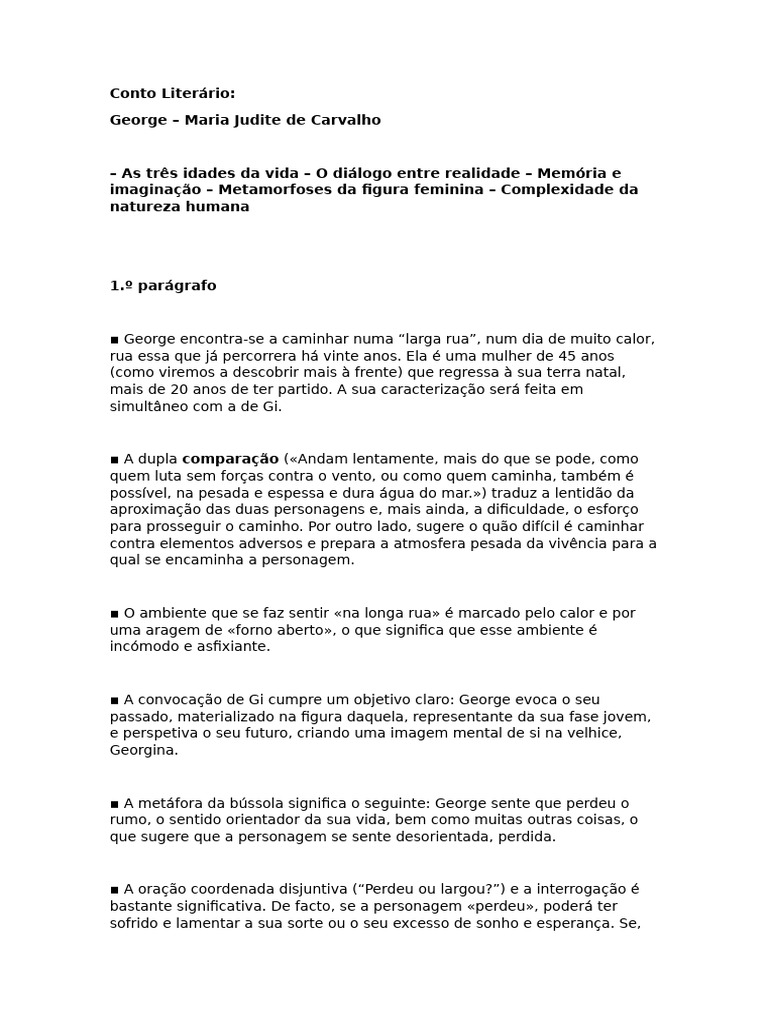 George - Maria Judite de Carvalho - Analise Por Paragrafo | PDF ...