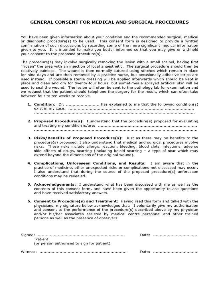 General Consent For Medical Surgical Form | PDF | Surgery | Surgical Suture