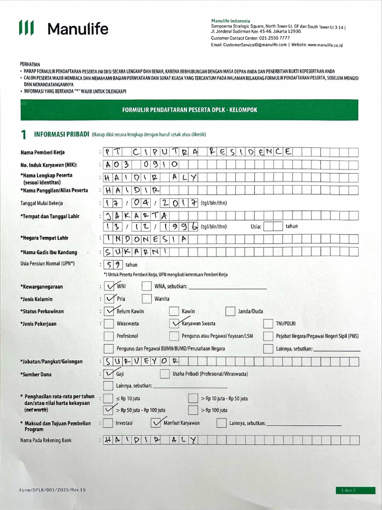 Formulir Peserta DPLK Manulife | PDF