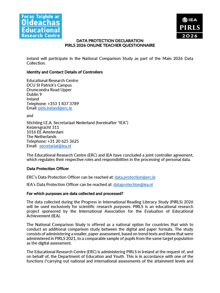 Data Protection Declaration PIRLS 2026 For Teachers MS | PDF