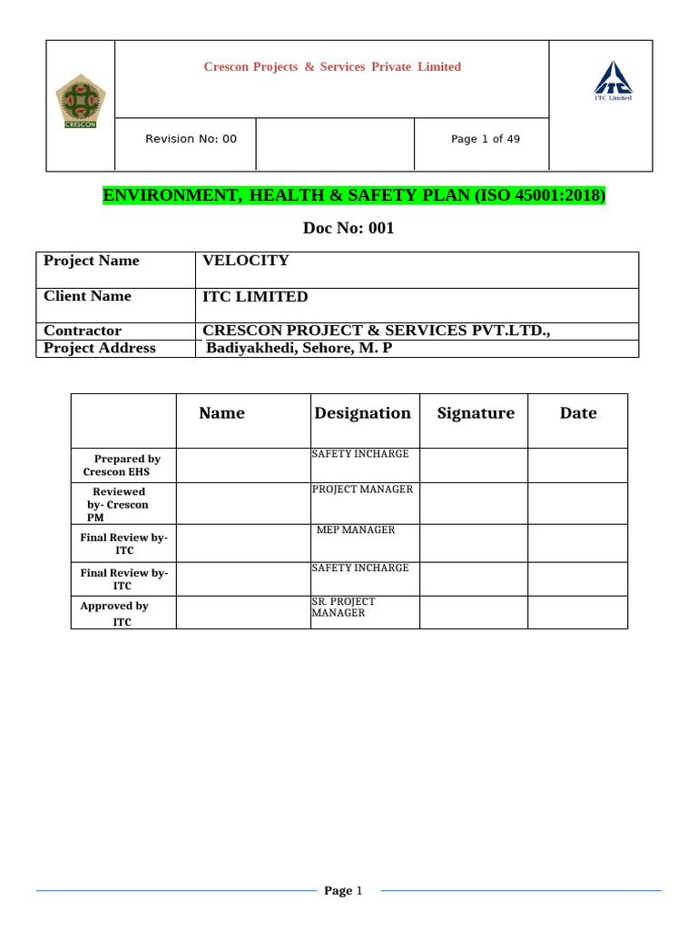 Ehs Plan Itc | PDF | Occupational Safety And Health | Safety