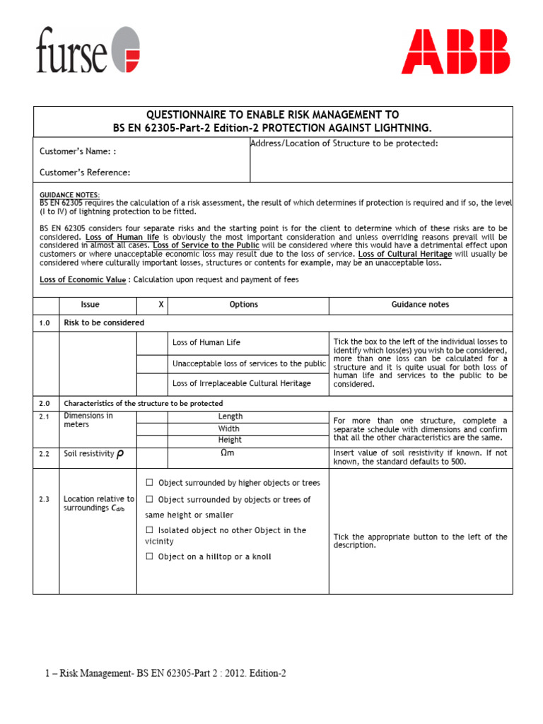 BS en 62305 - 2012 Edition 2 - Risk - Assessment - Questionnaire | PDF