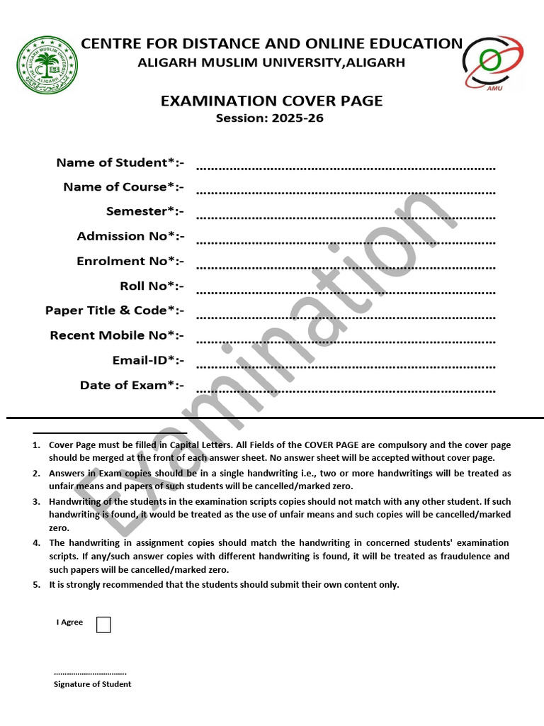Exam Cover Page (2025-26) | PDF