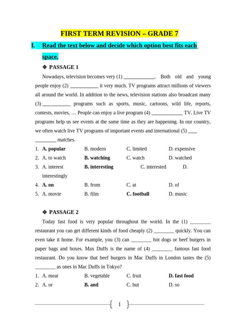 Môn Tiếng Anh Lớp 7 HK1 First Term Revision TĐN 2021 2022 (1) | PDF