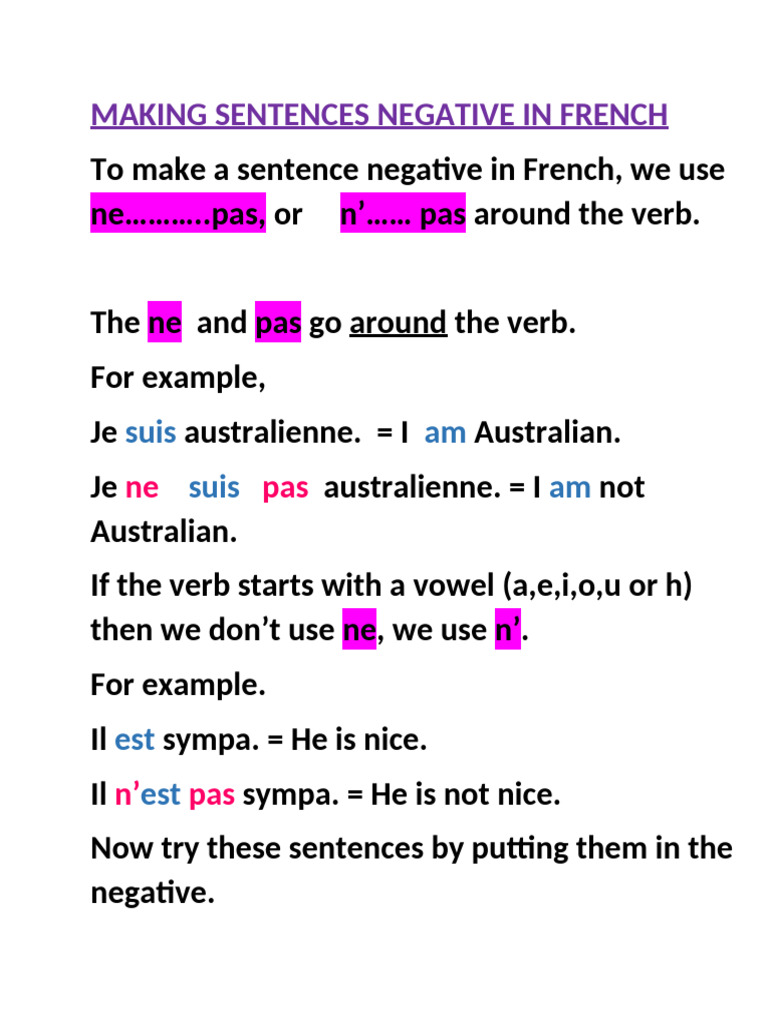 Using Ne....... Pas To Form Negative Sentences | PDF