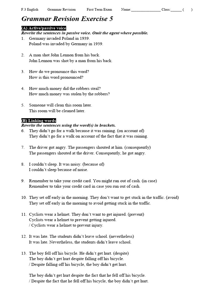 Grammar Revision Ex 5 (Answers) | PDF | Syntax | Grammar