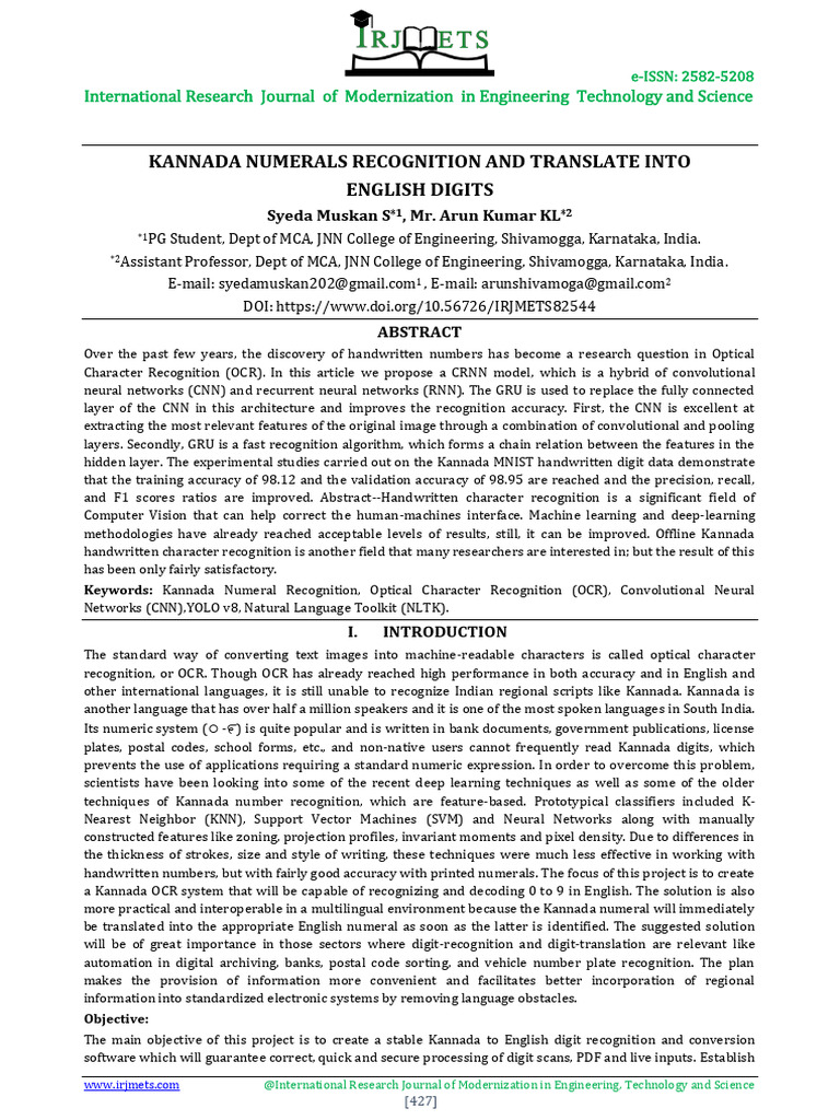 15.kannada Numerals Recognition and Translate Into | PDF | Optical ...