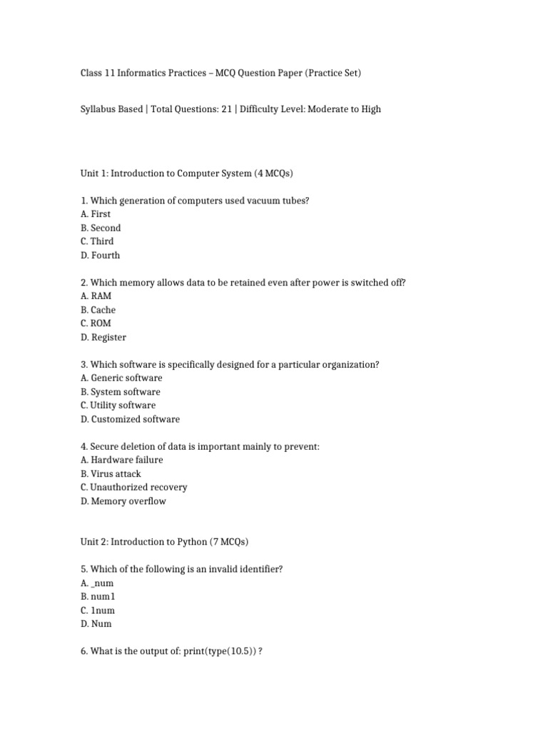 Class11 IP MCQ Practice Set | PDF | Data Management | Software Engineering