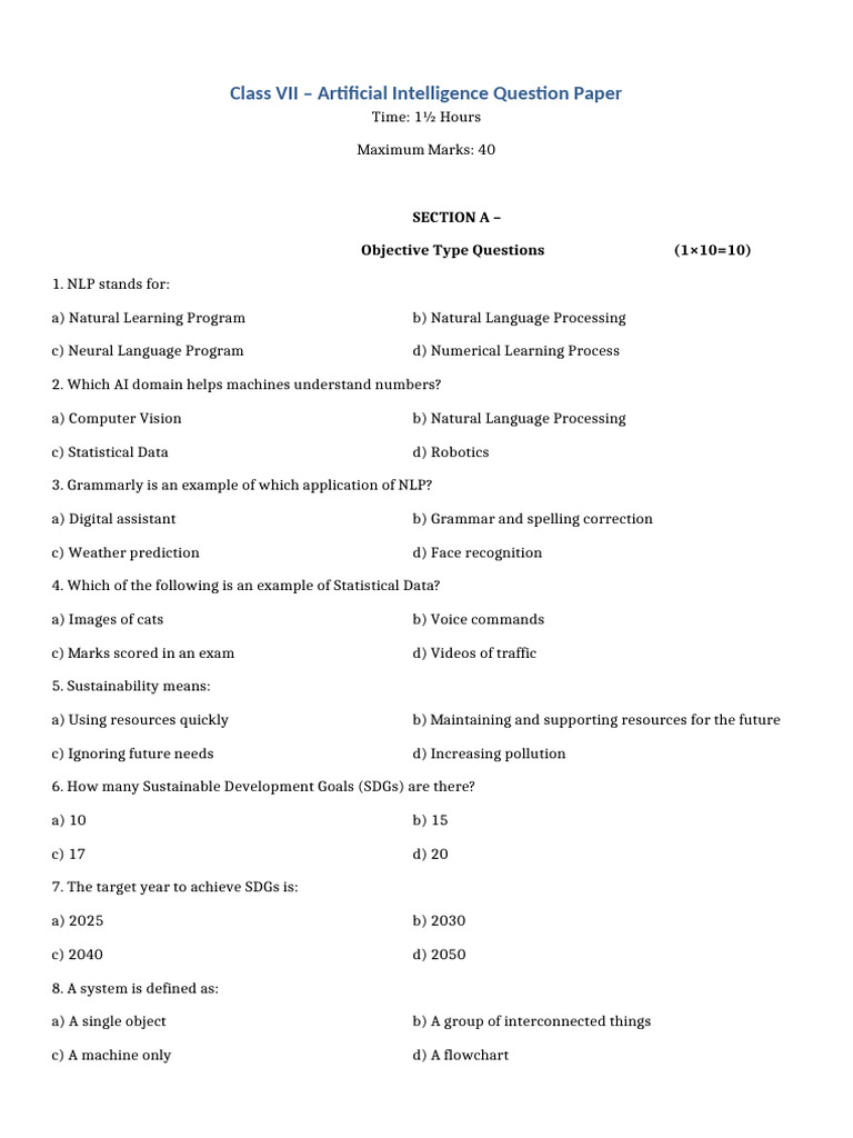 Class 7 AI 40 Marks Question Paper | PDF | Artificial Intelligence ...