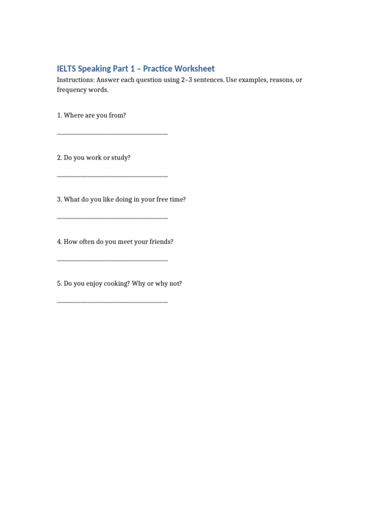 IELTS Speaking Part 1 Worksheet | PDF