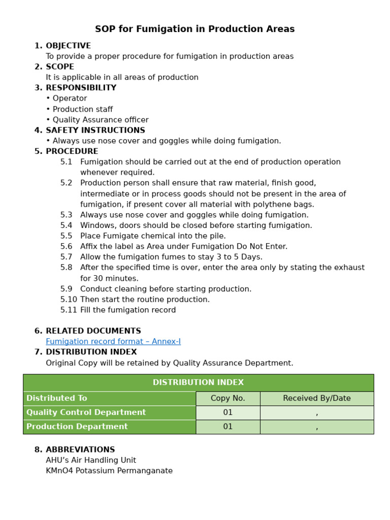 SOP For Fumigation in Production Areas - 17092025 | PDF