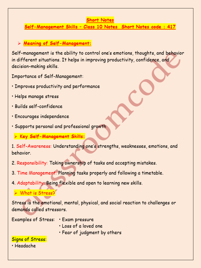 Self Management Class 10 Short Notes | PDF | Goal | Stress (Biology)