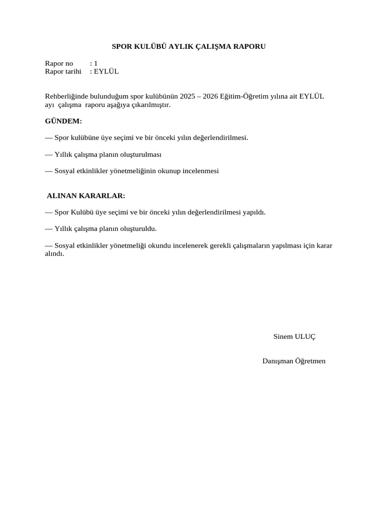 Spor Kulübü Aylik Raporlar | PDF