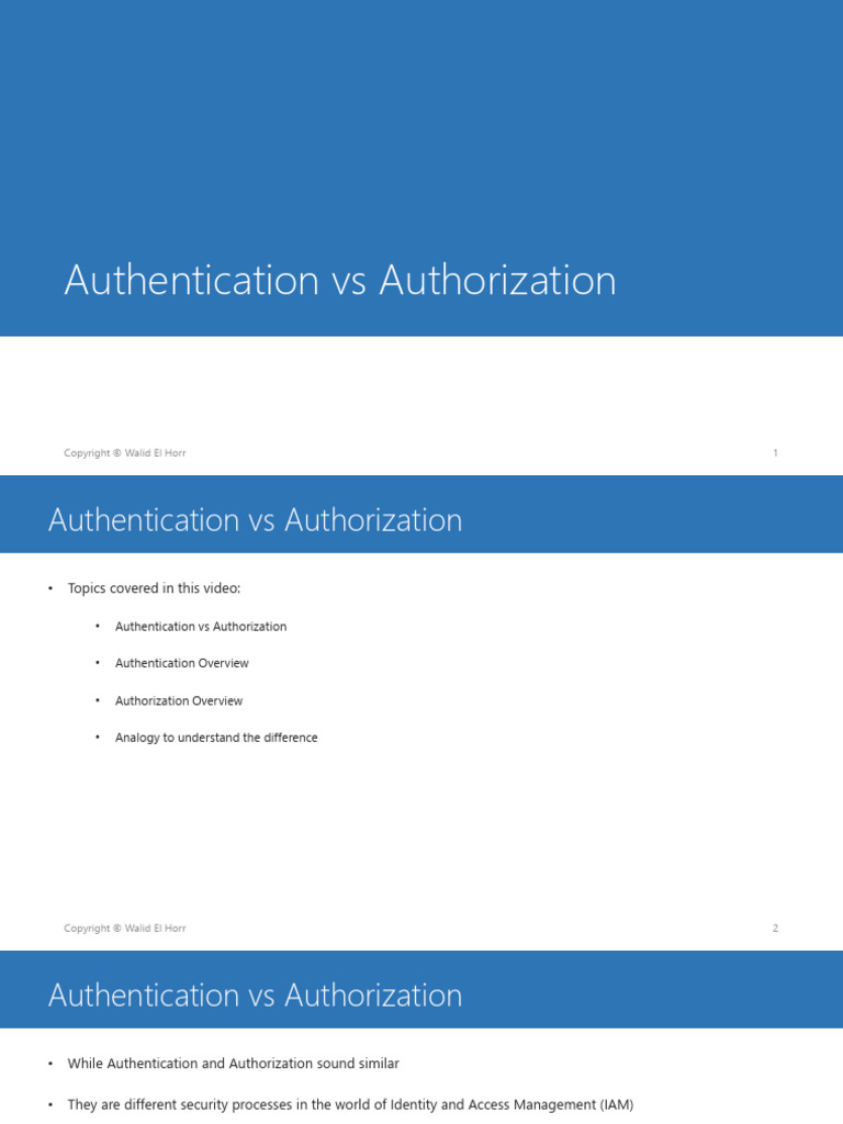 Slides - Authentication Vs Authorization | PDF | Authentication | User ...