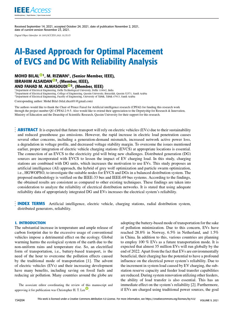 AI-Based Approach For Optimal Placement of EVCS and DG With Reliability ...