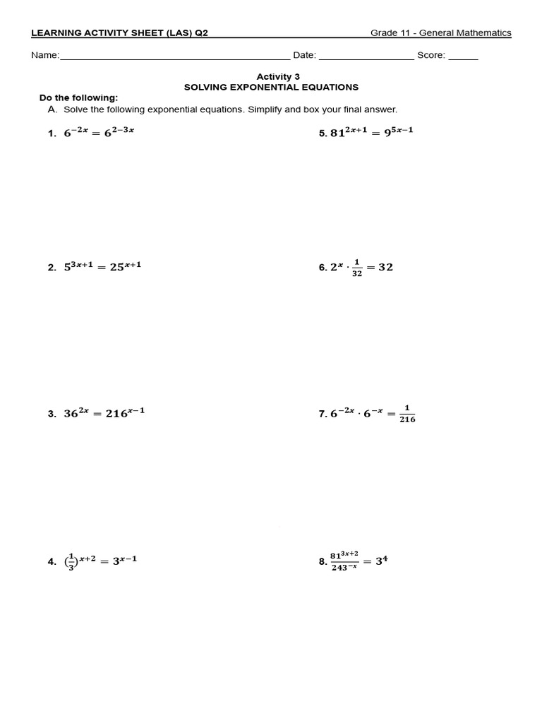 Activity 3 2nd Quarter Solving Exponential Equations | PDF