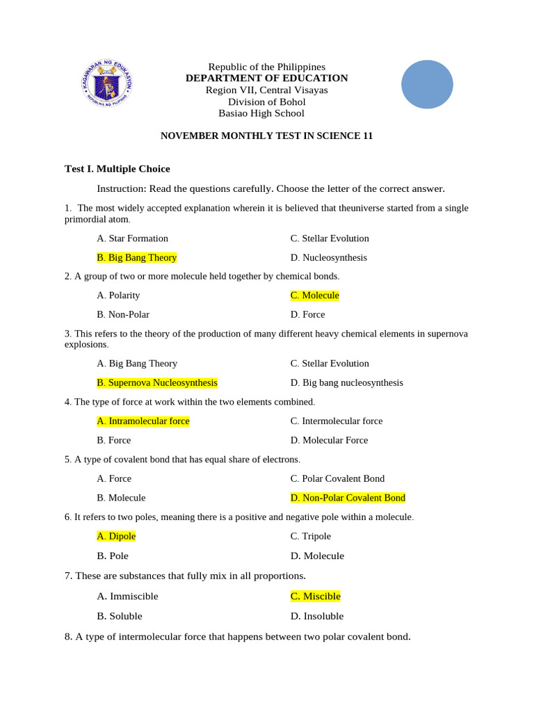 November Monthly Test | PDF