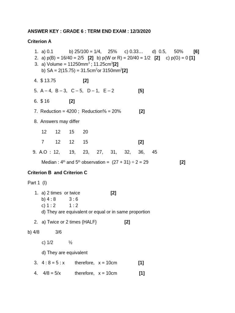 Mathematics Grade 6 Paper Term II - Answer Key | PDF | Area | Chess