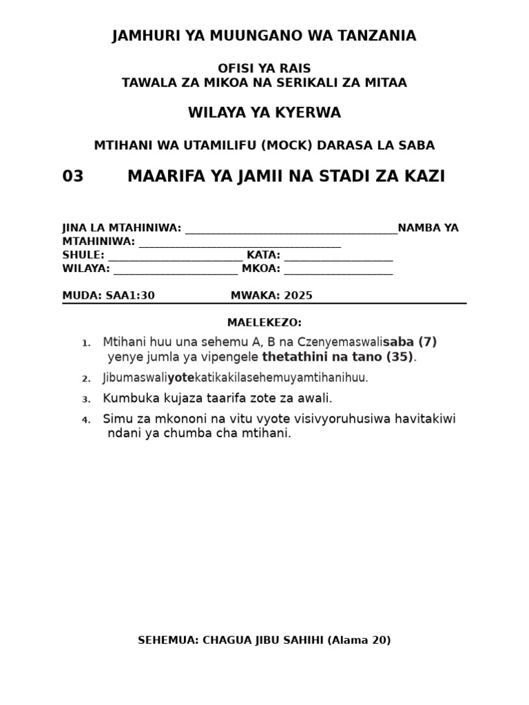 03 Maarifa Ya Jamii Vii Kyerwa 2025 | PDF