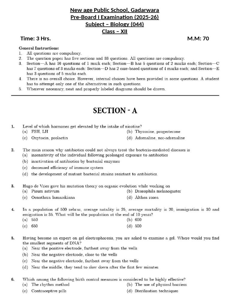 Biology XII Pre Board I 25-26 | PDF