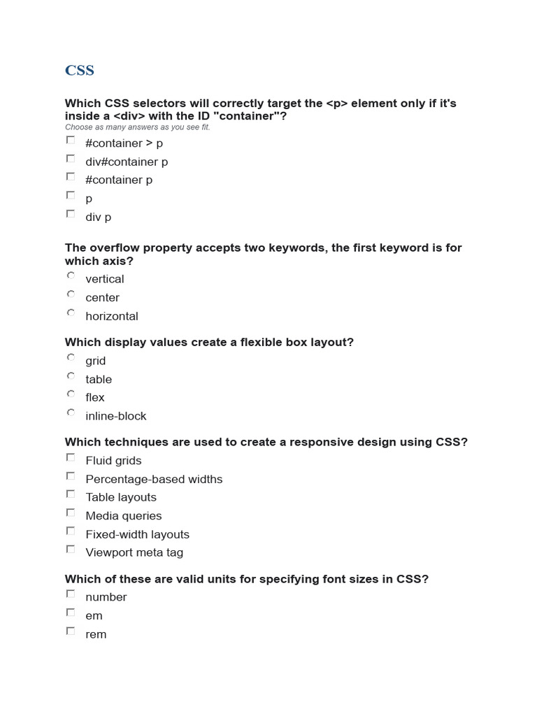 HTML - CSS - Quiz.docx | PDF | Page Layout | Web Development