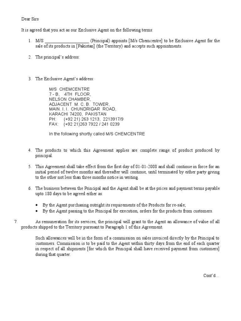 Exclusive Agency Agreement Template | PDF | Law Of Agency | Letter Of ...