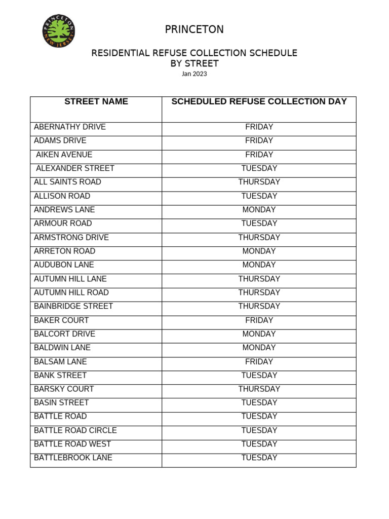 Trash Collection Schedule by Street (PDF) Jan 2023 - 202410090816357198 ...