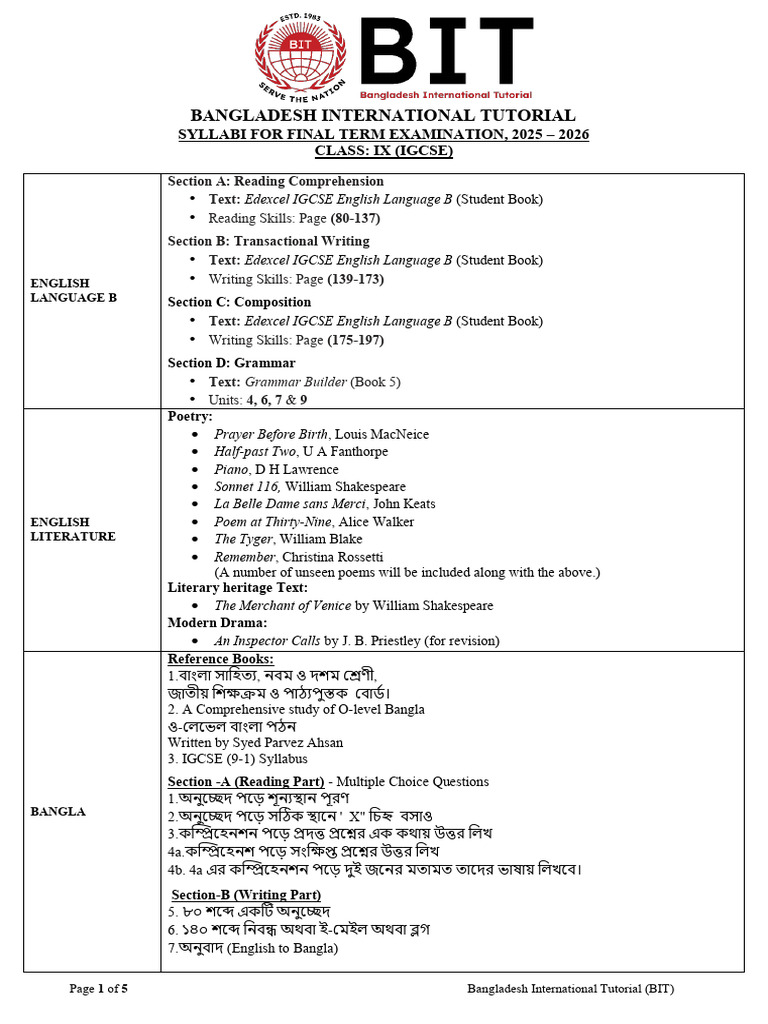 Class - IX Syllabus Final Term 2025-2026 | PDF | Mathematics | Algebra