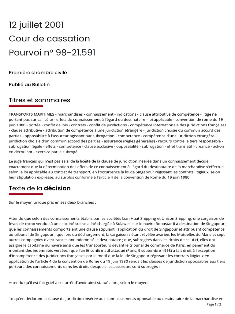 Pourvoi N°98-21.591 12 07 2001 | PDF | Compétence | Assurance
