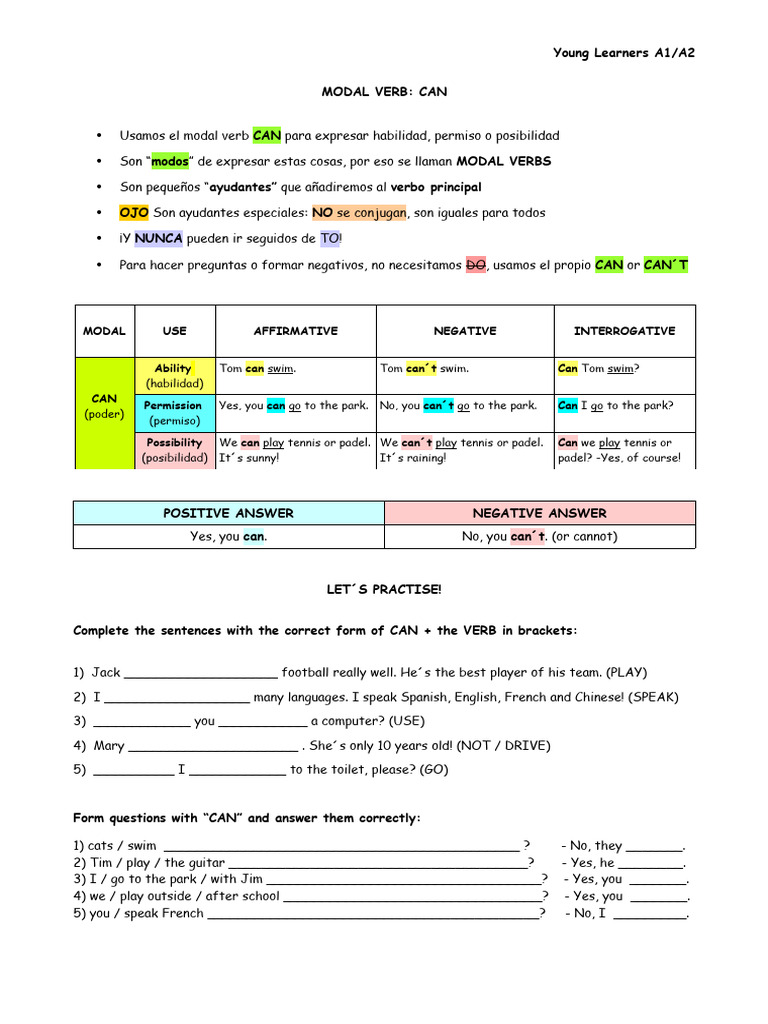 A1 A2 MODAL VERBS - CAN CAN T Young Learners Exercise | PDF