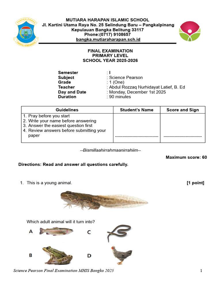 Final Exam Science Semester 1 Grade 1 2025 - 2026 | PDF | Zoology