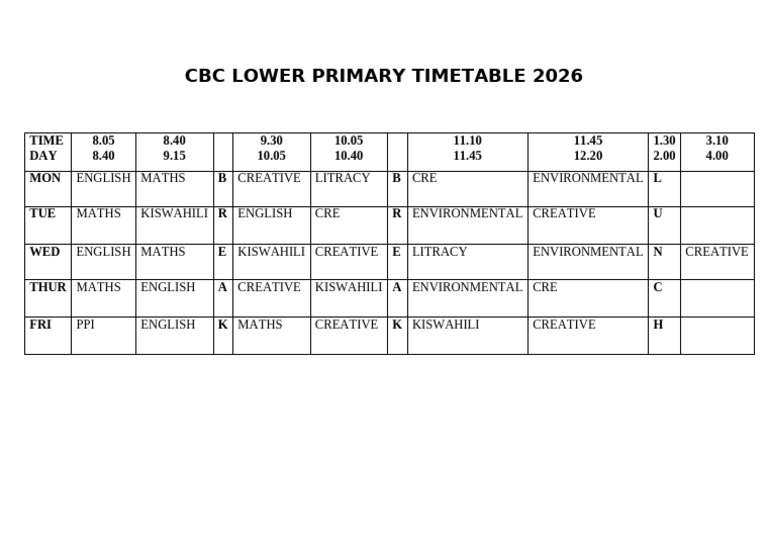 cbc-lower-primary-timetable-2026-updated-pdf