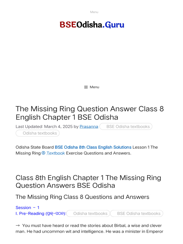 The Missing Ring Question Answer Class 8 English Chapter 1 BSE Odisha ...