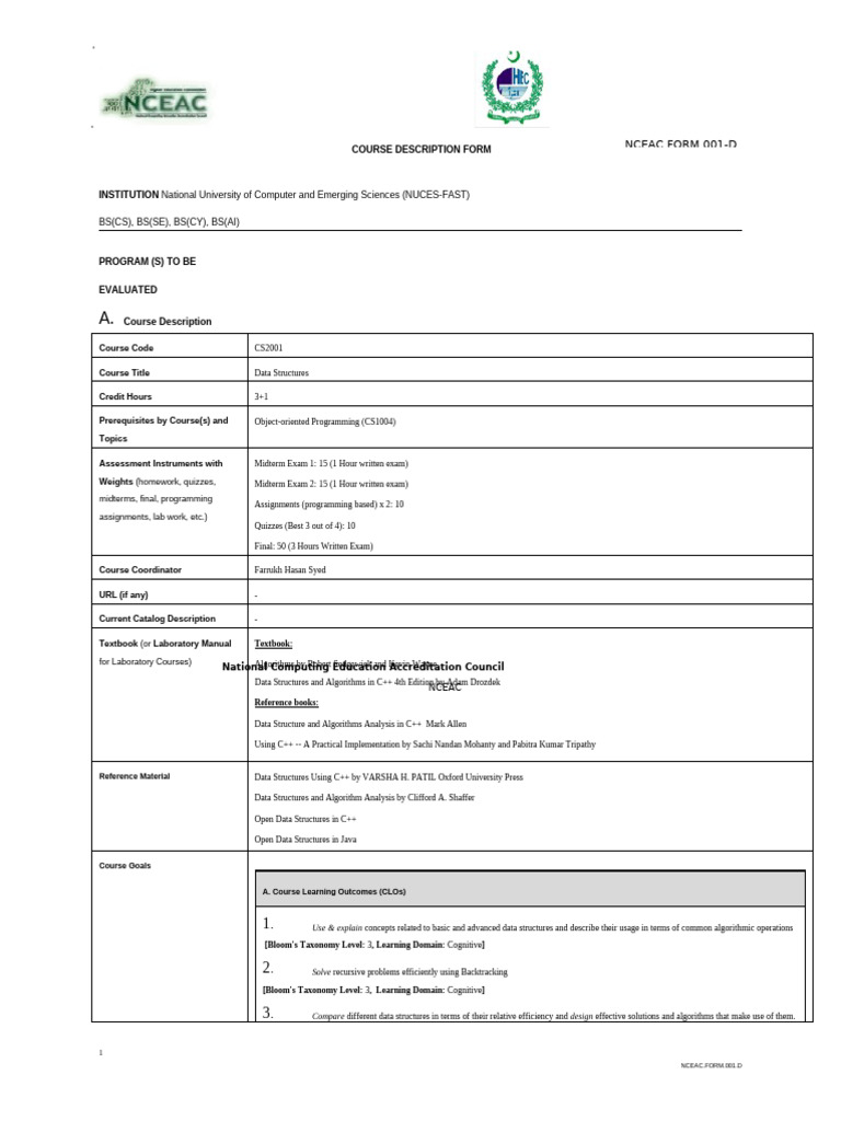 Data Structures - Course Outline Fall'24 | PDF | Algorithms | Computing
