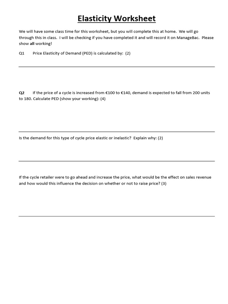 Elasticity WorkSheet 2025 | PDF | Price Elasticity Of Demand | Supply ...